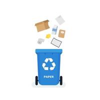 Mülltrennung. Müll nach Material sortieren und farbige Mülltonnen einsortieren. abfallverwertung und ökologie sparen konzept. vektor