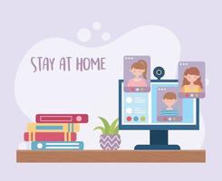 stanna hemma sammansättning med online-möte vektor