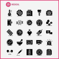 Medizinische solide Glyphensymbole, die für Infografiken, mobiles Uxui-Kit und Druckdesign festgelegt wurden, umfassen Computer-Beat-Pulse, medizinisches Medikament, medizinische Pillen, Knochen-Icon-Set-Vektor vektor