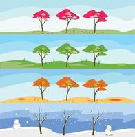 Vier-Jahreszeiten-Landschaft Winter, Sommer, Frühling, Herbst, Herbst, mit Bäumen und Umgebung vektor