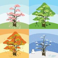 Baumgruppe mit Vier-Jahreszeiten-Bäumen in einem Vektor, Sommer, Winter, Herbst, Herbst, Frühling und Umgebung darauf vektor