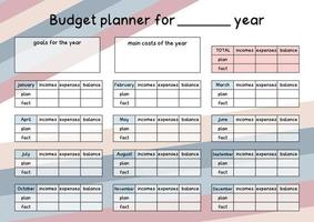 Vorlagenseite für den Jahresbudgetplaner. monatlicher Finanzplan der Einnahmen, Ausgaben und Ersparnisse. Geldbuchhaltung für Familie oder Unternehmen. vektor flar minimalistisch horizontal a4 a5 leer