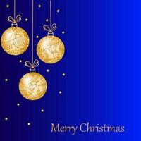 Weihnachtsgrußkarte auf blauem Hintergrund. abstrakte handgezeichnete golden glänzende weihnachtskugeln. frohe weihnachten text. Vektor-Illustration vektor