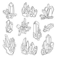 satz verschiedener linearer kristalle, edelsteine, natürliche ungeschnittene mineralien, strasssteine, geburtssteine vektorillustration. handgezeichnete mineralien umrisszeichnungssammlung einzeln auf weißem hintergrund vektor