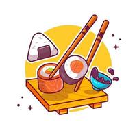 sushi und onigiri mit essstäbchen-cartoon-vektor-symbol-illustration. japanisches lebensmittelikonenkonzept isolierter premium-vektor. flacher Cartoon-Stil vektor
