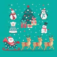 weihnachtsset mit baumpinguin, eisbär, schneemann, rentier und weihnachtsmann vektor