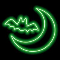 Neongrüner Umriss einer Fledermaus und eines Mondes auf schwarzem Hintergrund. Halloween. vektor