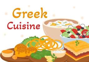 grekisk kök restaurang uppsättning meny utsökt maträtter traditionell eller nationell mat i platt tecknad serie hand dragen mall illustration vektor
