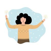 weihnachts- und neujahrsfeiern. Ein süßes Mädchen im Cartoon-Stil mit brennenden Wunderkerzen vektor