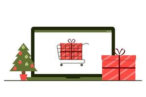 Online-Shopping für Geschenke für Weihnachten und Neujahr. Urlaubsverkaufskonzept vektor