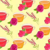 Muster mit Tassen Tee und Rose und Hibiskus vektor