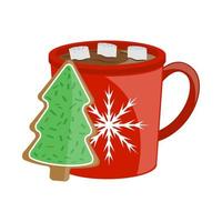varm kakao och jul kaka träd vektor
