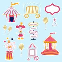 samling av klistermärken rosa cirkus. tält, apa, docka, karusell, keps, boll, pekare vektor