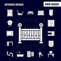 Solide Glyphen-Symbole für die Innenarchitektur, die für Infografiken, mobiles Uxui-Kit und Druckdesign festgelegt wurden, umfassen Teppichmöbel, Haushalt, Fenster, Haus, Tür, Eingang, Eps 10, Vektor