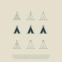 wigwam, tipi, stammar, stam- hus, de inföding amerikan traditionell tält, ursprunglig, uppsättning av linje konst symboler för logotyp design och text i boho och hipster stil, logotyp design vektor