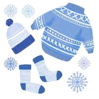 Illustration von Winterkleidung. süßer pullover, strickmütze und socken blaue farbillustration mit schneeflocken vektor