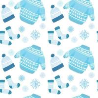 sömlös mönster med illustration av vinter- kläder. söt Tröja, stickat hatt och strumpor blå Färg illustration med snöflingor vektor