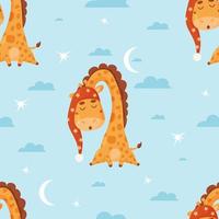 nahtloses muster mit niedlicher schlafender tiergiraffe auf blauem hintergrund mit wolken und mond. vektorillustration für kindersammlung, dekor, verpackung, design, druck, tapete. vektor