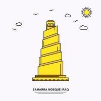 samarra moschee irak denkmal plakatvorlage weltreise gelber illustrationshintergrund im linienstil mit schöner naturszene vektor