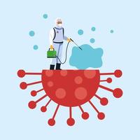 Biosicherheitsarbeiter mit Desinfektionssprühgerät und covid19-Partikeln vektor