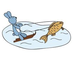 ein kleiner Fisch reitet einen Hasen auf Wasserskiern. illustration für kalender, kinderbuch. Vektor-Illustration isoliert auf weißem Hintergrund. vektor
