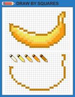 Kopieren Sie das Bild, zeichnen Sie durch Quadrate. spiel für kinder zeichnen banane durch zellen mit farbpalette. Pixel Kunst. Zeichen- und Logiktraining. vektor