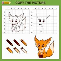 kopia teckning av räv. vektor dra kalkylblad med söt räv. utbildning spel för ungar. barn konst handledning med Färg palett.