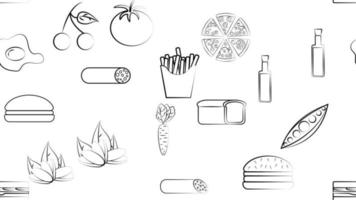 svart och vit ändlös sömlös mönster av mat och mellanmål objekt ikoner uppsättning för restaurang bar Kafé pizza, korv, Smör, bröd, tomat, ägg, ärtor, morötter. de bakgrund vektor