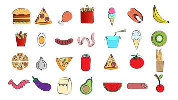 Ein Satz von 28 Symbolen köstlicher Speisen und Snacks für ein Restaurant-Bar-Café auf weißem Hintergrund Eis, Burger, Pizza, Wurst, Getränk, Ei, Tomate, Knoblauch, Mango, Wassermelone vektor