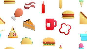 ändlös vit sömlös mönster av utsökt mat och mellanmål objekt ikoner uppsättning för restaurang bar Kafé hamburgare, varm hund, smörgås, pizza, burrito, dryck, spaghetti, ketchup, peppar. de bakgrund vektor