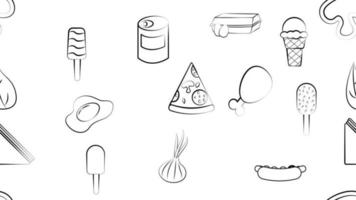 svart och vit ändlös sömlös mönster av mat och mellanmål objekt ikoner uppsättning för restaurang bar Kafé varm hund, smörgås, pizza, is grädde, ägg, fisk. de bakgrund vektor