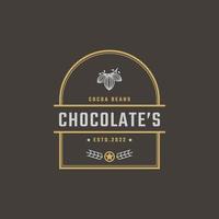 vintage retro abzeichen emblem schokolade mit kakaobohne logo design linearen stil vektor