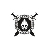 spartansk hjälm och svärd i cirkel form logotyp för militär, arsenal, team, spel, Gym och kondition vektor