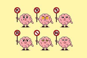 niedliche gehirnzeichentrickfigur mit verkehrsschild vektor