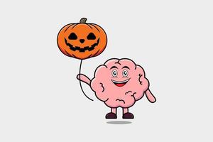 söt tecknad serie hjärna flytande med pumpa halloween vektor