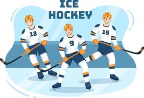 eishockeyspielersport mit helm, stock, puck und schlittschuhen in der eisoberfläche für spiel oder meisterschaft in der flachen hand gezeichneten schablonenillustration der karikatur vektor