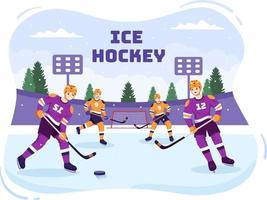 is hockey spelare sport med hjälm, pinne, puck och skridskor i is yta för spel eller mästerskap i platt tecknad serie hand dragen mallar illustration vektor