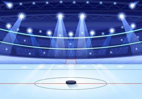 eishockeyspielersport mit helm, stock, puck und schlittschuhen in der eisoberfläche für spiel oder meisterschaft in der flachen hand gezeichneten schablonenillustration der karikatur vektor