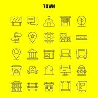 Stadtliniensymbole, die für Infografiken, mobiles Uxui-Kit und Druckdesign festgelegt wurden, umfassen Lageplan, Stadt, Kirchenhaus, Stadtpark, Spielplatz, Symbolsatz, Vektor
