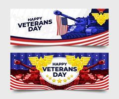 happy veterans day banner mit panzer- und medaillensammlung vektor