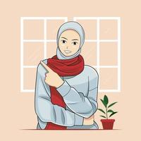 glückliches Hijab junges Mädchen mit Pullover, das etwas mit ihrem Finger zeigt Vektorillustration kostenloser Download vektor