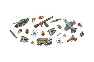 militär klotter Färg ikoner. vektor illustration av en uppsättning av militär Utrustning, armén föremål.