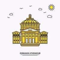 rumänisches athenaeum monument poster vorlage weltreise gelber illustrationshintergrund im linienstil mit schöner naturszene vektor
