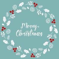 hand dragen glad jul text med illustration av träd grenar, bär, koner och järnek. Bra alternativ för hälsning kort, inbjudan, affisch mall och etc. vektor