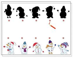 en logisk spel för barn hitta de rätt skugga, snögubbe. vektor illustration.