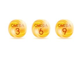 omega 3, 6, 9 guld droppar ikoner. fleromättad fet Omega 3, omega-6, omega-9. naturlig fisk, organisk vitamin, näringsämne. omega fet syra, epa, dha. vitamin släppa piller kapsel. vektor