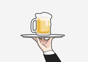 servitör tjänande öl. servitörens hand håll bricka med öl glas. vektor