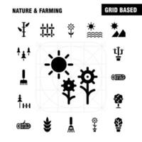 Natur- und Landwirtschafts-Solid-Glyphen-Icon-Pack für Designer und Entwickler Ikonen des Scheunengebäude-Bauernhofs, der Natur runden Bergvektor bewirtschaftet vektor