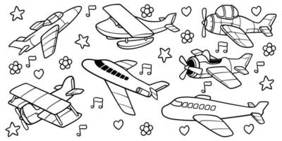 hand dragen uppsättning av unge flygplan leksak isolerat på vit bakgrund. vektor