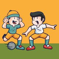 hand dragen barn tecknad serie aktiviteter av två Pojkar spelar fotboll. vektor